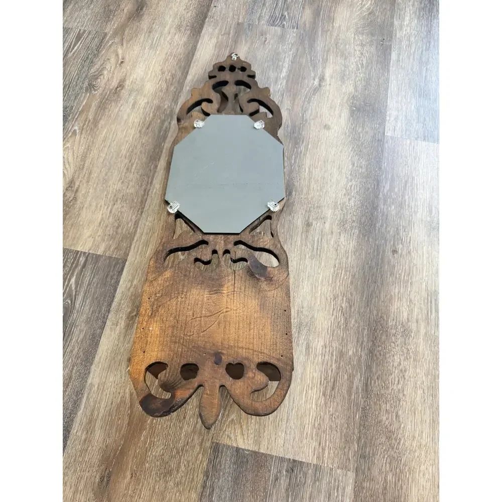 1970’s Rustic Farmhouse Style Carved Wood Wall Hanging Mirror W/ Storage 34x9”